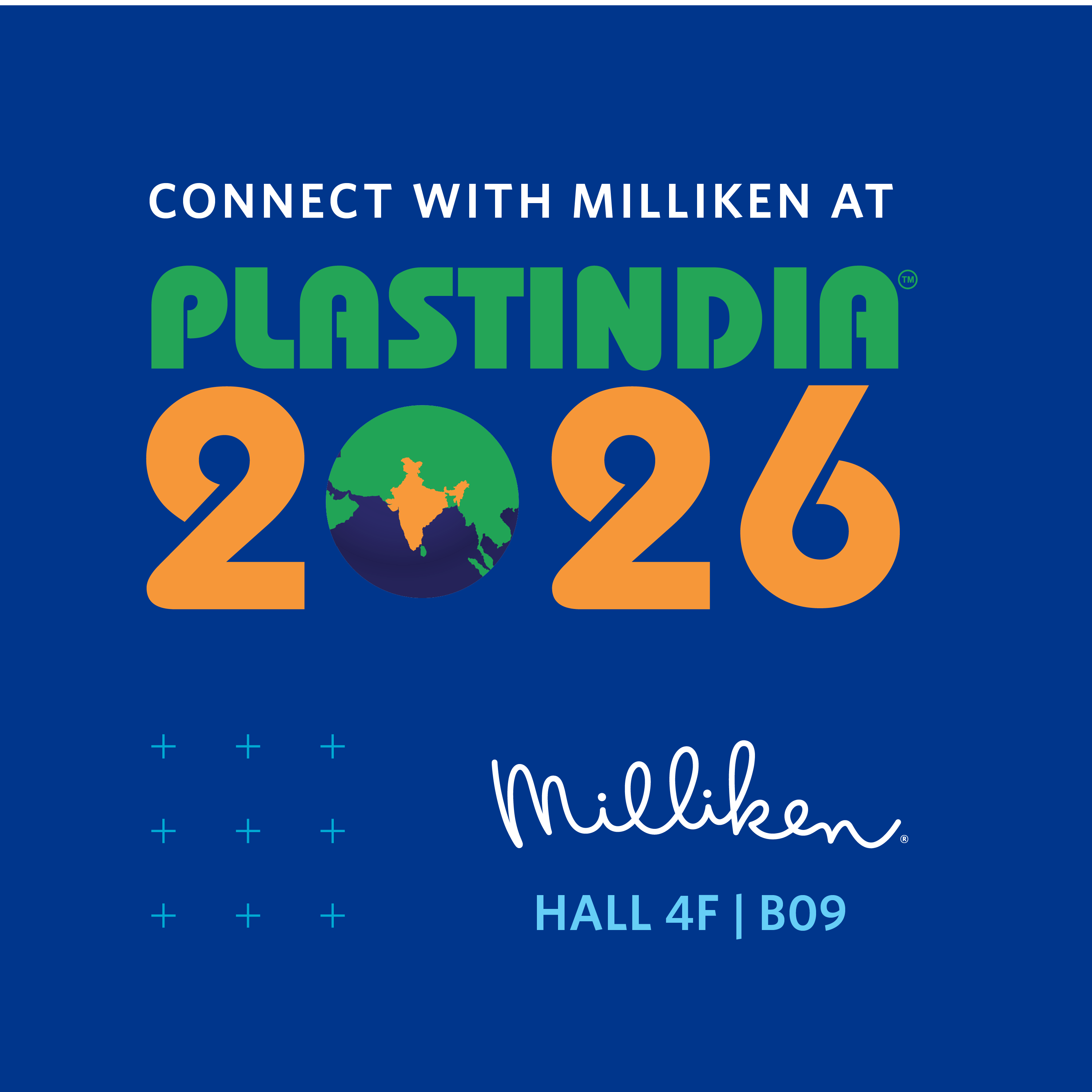 PlastIndia 2026 header image with Milliken logo and text reading Hall 4F | B09